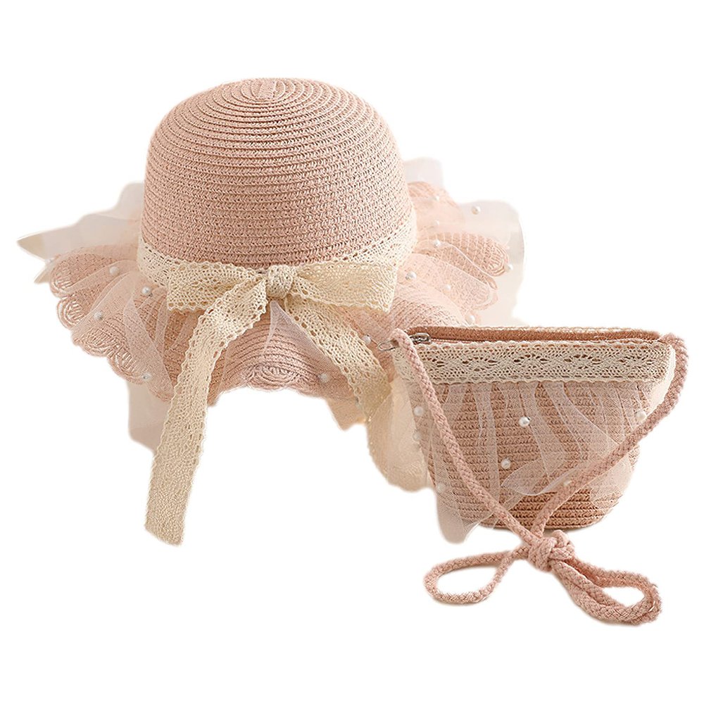 Anopo Girls Straw Hat Purse Bag Set Lace Brim Flowers Pearl Summer Beach Sun Hat Princess Shoulder Crossbody Bag Chin Strap B Pink