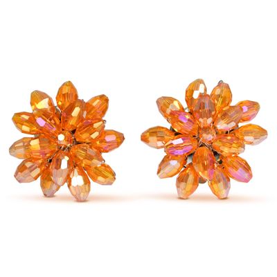 AeraVida Dazzling Orange Chrysanthemum Floral Crystal Clip-On Earrings | Handmade Wire Flower Statement Jewelry | Vibrant Orange Fashion Gift for Women