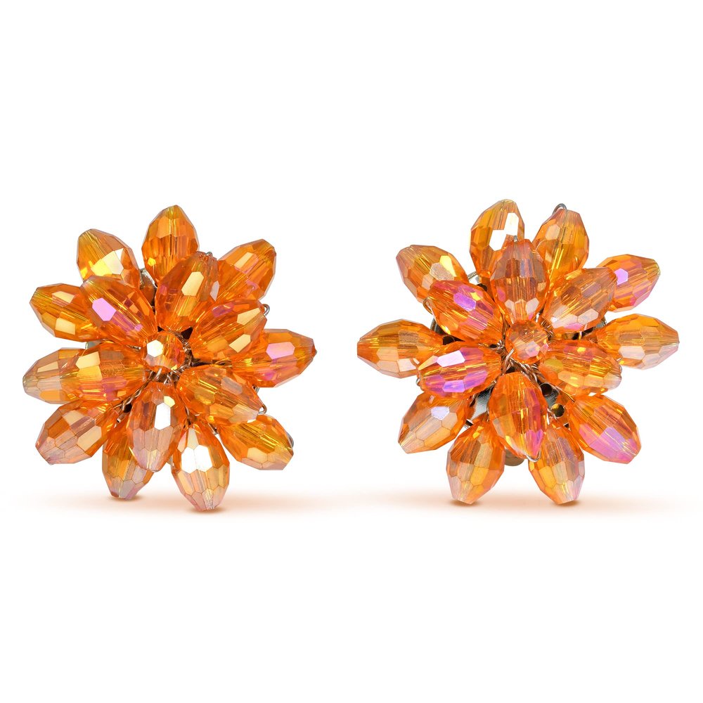 AeraVida Dazzling Orange Chrysanthemum Floral Crystal Clip-On Earrings | Handmade Wire Flower Statement Jewelry | Vibrant Orange Fashion Gift for Women