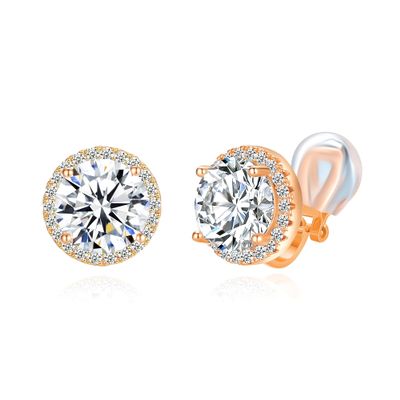 YOQUCOL Bright 10mm Cubic Zirconia Clip On Earrings Crystal Round Rose Golden Plated Non Pierced Stud For Women