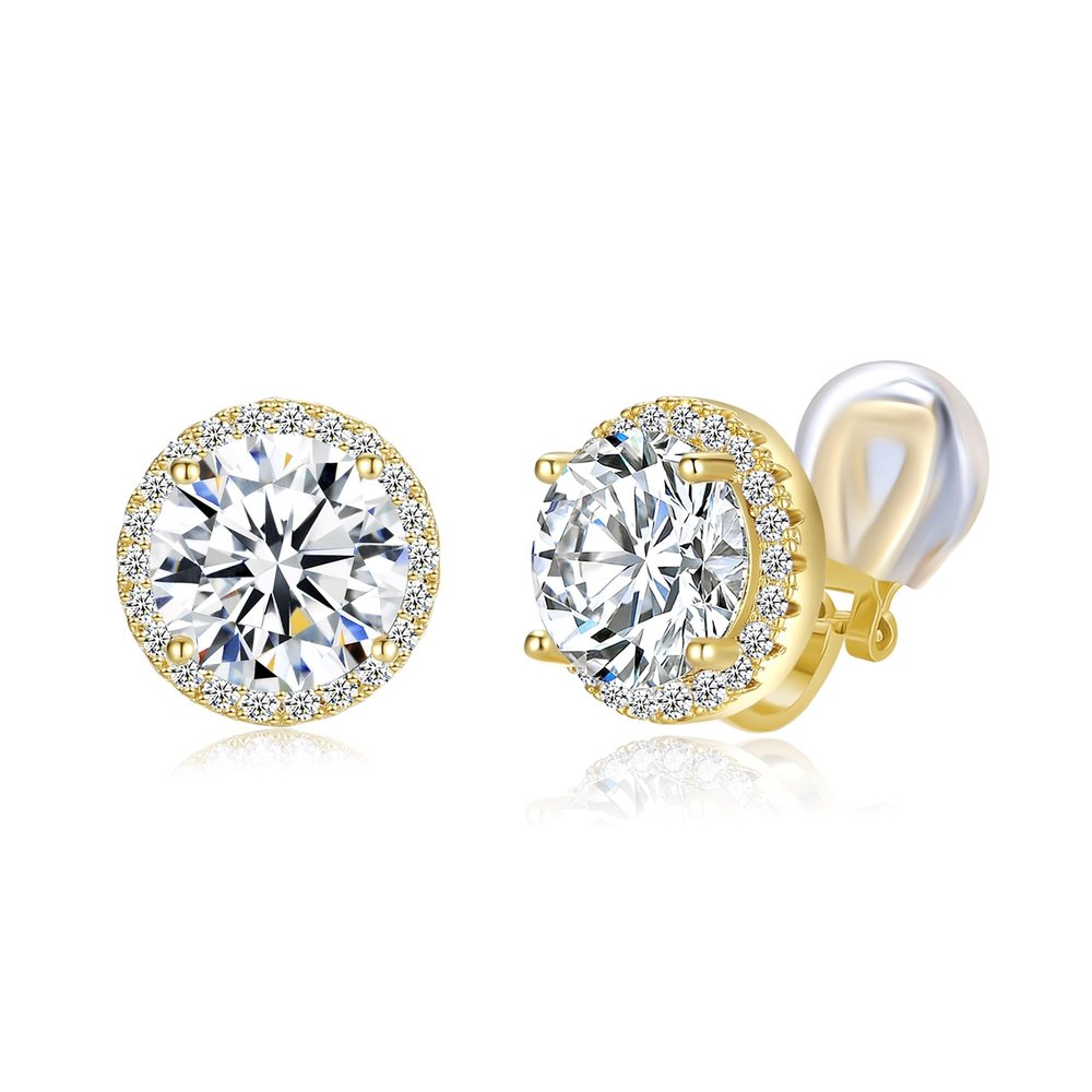 YOQUCOL Bright 10mm Cubic Zirconia Clip On Earrings Crystal Round Golden Plate Non Pierced Stud For Women