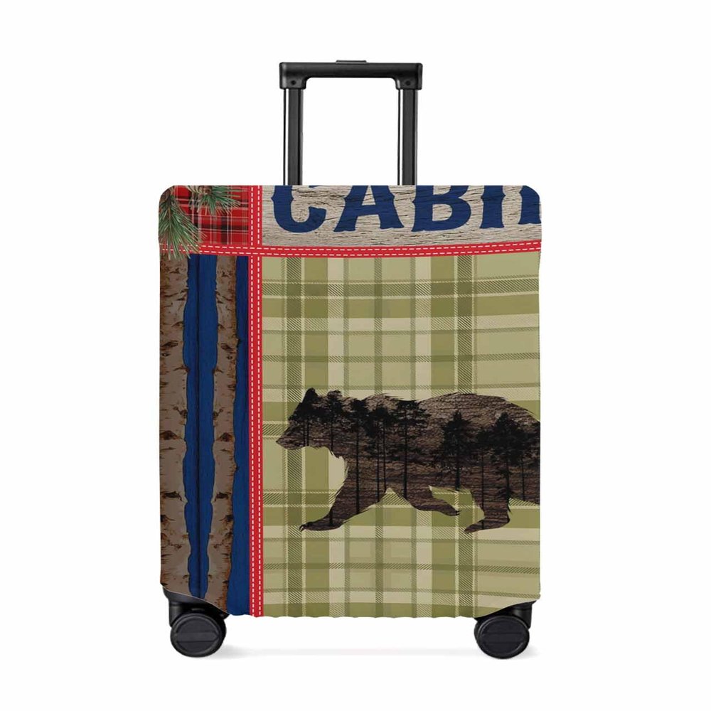 Travel Luggage Cover Lake Cabin Retro Checked Plaid Forest Bear Anti-Scratch Luggage Protector Personalized Suitcase Cover Washable Suitcase Protector with Concealed Zipper Fits 26-28in Luggage