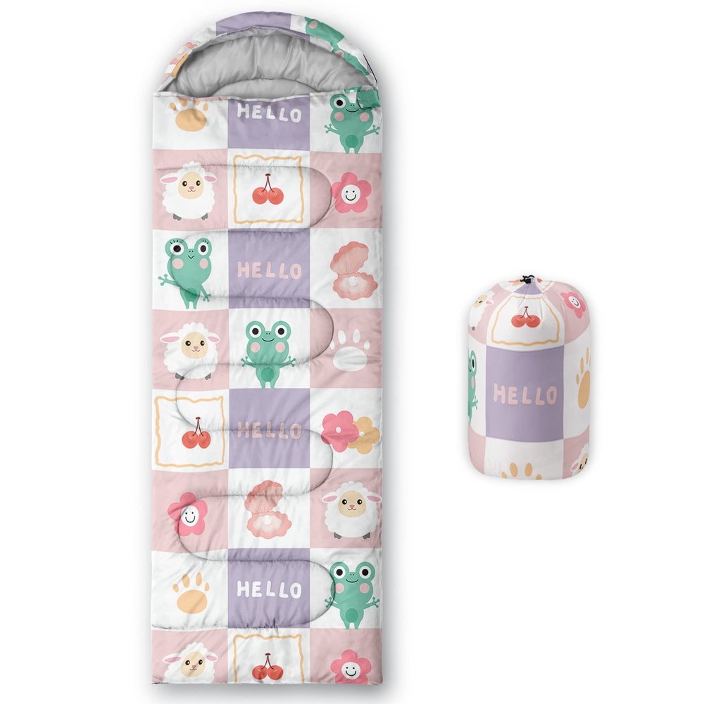 QOOMO Kawaii Frog Printed Camping Sleeping Bags,3 Season Warm & Cool Weather,Lightweight,Waterproof Sleeping Bags for Adults & Kids,Traveling,and Outdoors,Camping Gear Equipment