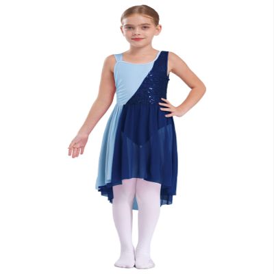 Aislor Kids Girls Sleeveless Sequins Lyrical Modern Ballet Dance Dress Tank Leotard Irregular Tulle Skirt Dancewear Navy Blue 10 Years
