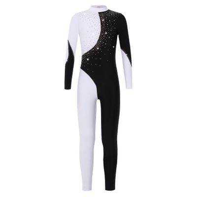 Freebily Girls Shiny Full Body Unitard Long Sleeve One-Piece Gymnastics Leotard Ballet Dance Outfit Costume Catsuit Jumpsuit Black&White C 12 Years