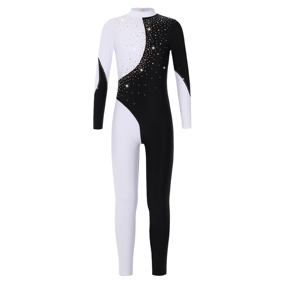 Freebily Girls Shiny Full Body Unitard Long Sleeve One-Piece Gymnastics Leotard Ballet Dance Outfit Costume Catsuit Jumpsuit Black&White C 12 Years