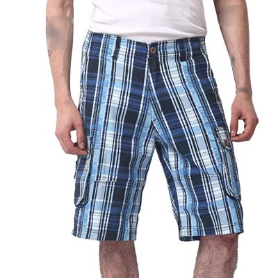 Men's Plaid Cargo Shorts Button Cool Multi-Pocket Straight Fast Dry Expandable Outdoor Shorts (Blue,30)
