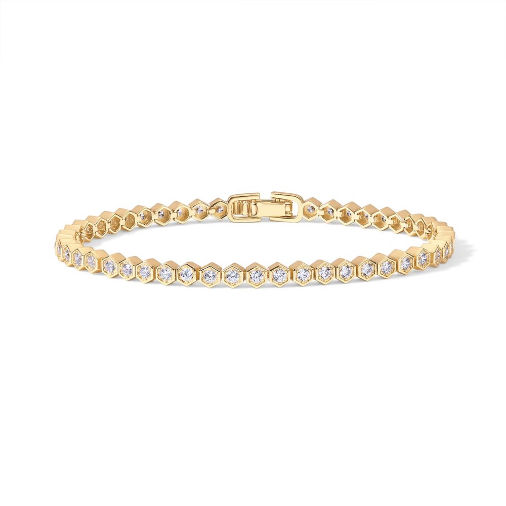 PAVOI 14K Yellow Gold Plated 2mm Cubic Zirconia Honeycomb Tennis Bracelet | Gold Bracelets for Women | 7 Inches