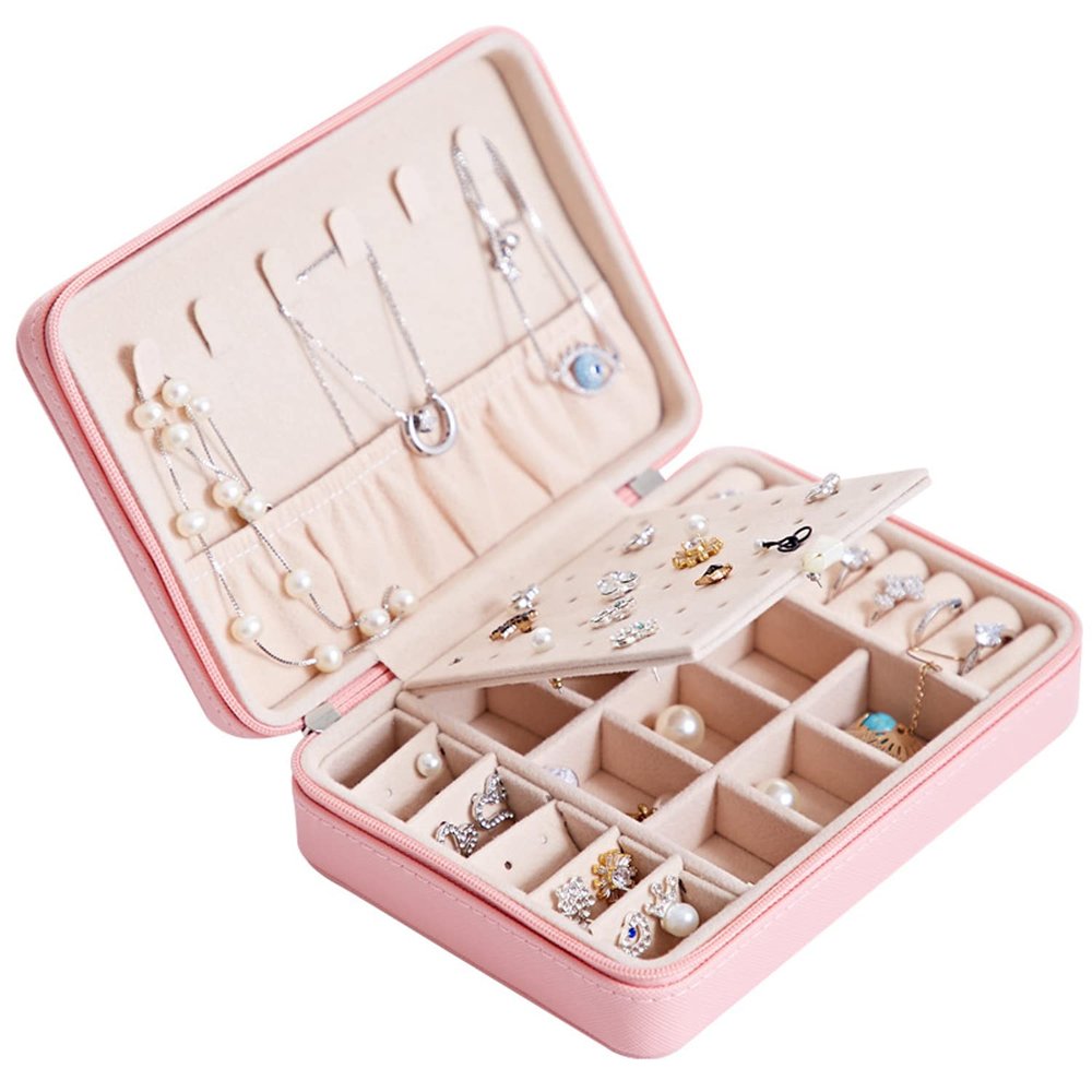 ArtsPavilion Small Jewelry Box, Portable Travel Jewelry Organizer Holder for Women Girls, Removable & Adjustable Storage Case for Rings Necklace Earrings Bracelets pink