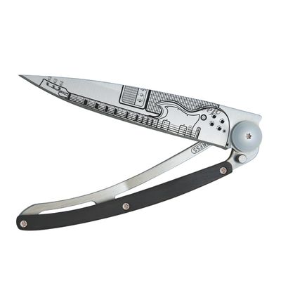 deejo - 37G Folding Pocket Knife with Belt Clip - Rockn Roll Design, 3.7-Inch Stainless Steel Blade, Ebony Wood Handle - Lightweight Everyday Carry for Home, Work, and Outdoor Use