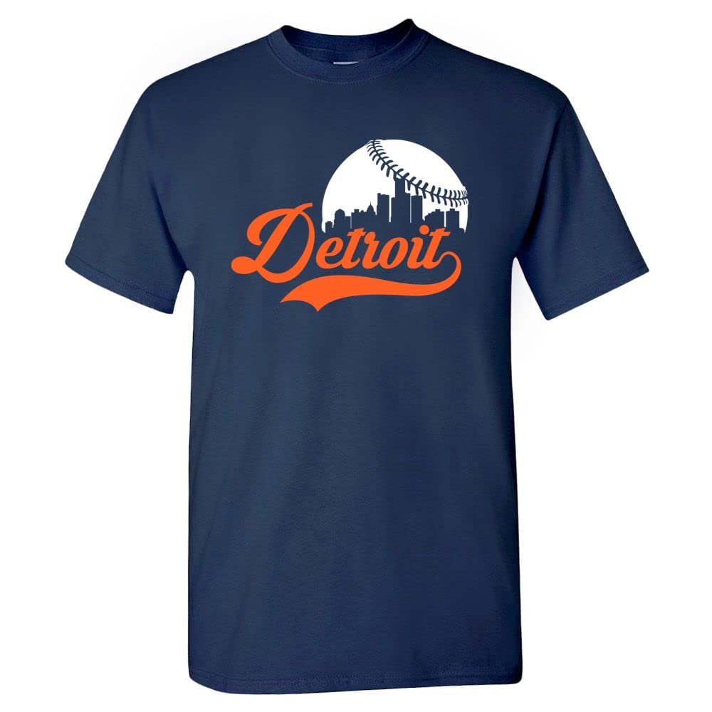 Xtreme Apparrel Detroit Baseball Skyline Men's Fan T-Shirt (Navy T-Shirt, XL)