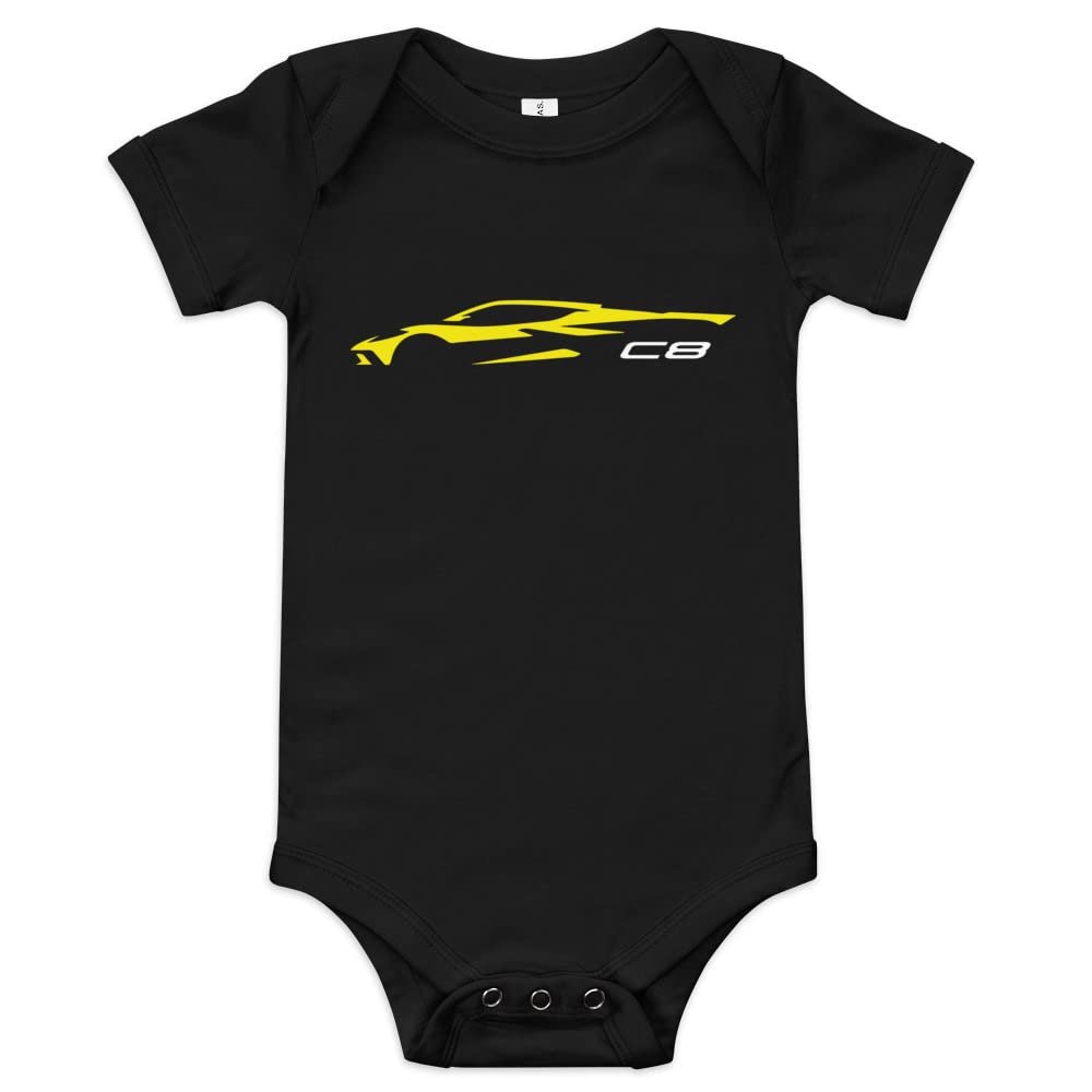 2022 2023 Sports Car C8 Outline Silhouette Accelerate Yellow Vette Baby Onesie, Infant Tee