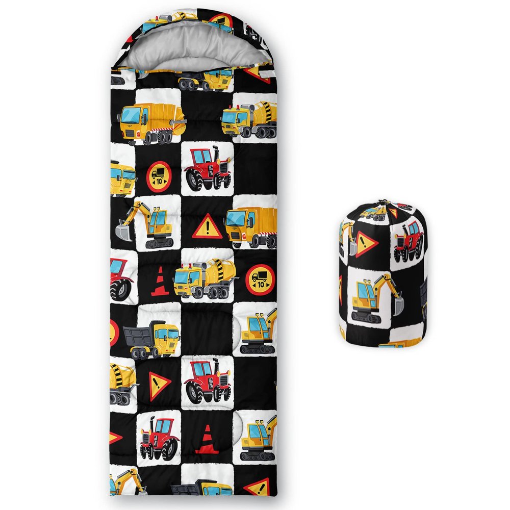 QOOMO Construction Truck Printed Camping Sleeping Bags,3 Season Warm & Cool Weather,Lightweight,Waterproof Sleeping Bags for Adults & Kids,Traveling,and Outdoors,Camping Gear Equipment