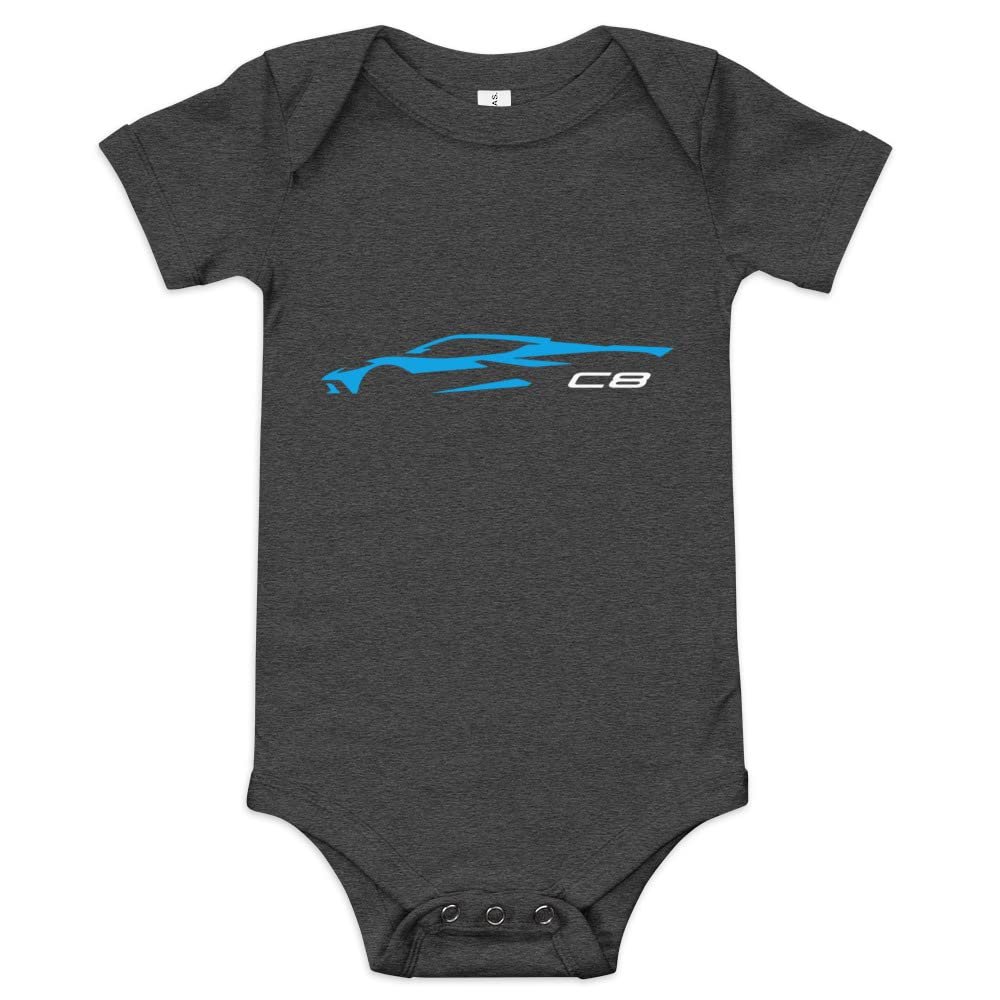 2022 2023 'Vette C8 Outline Silhouette Rapid Blue Vette Baby Onesie Short Sleeve one Piece