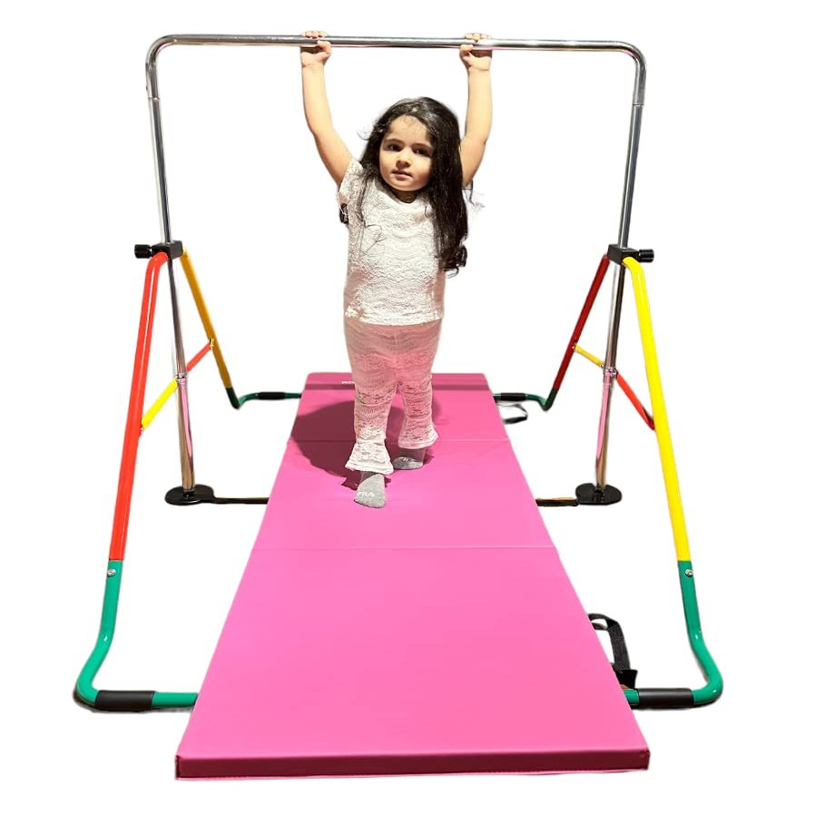 Iron Bar Expandable Gymnastics Bars for Kids with 6'x2' FT Tumble Mat, Junior Training Horizontal Kip Bar Adjustable Height for Children Gymnastic Bar Playground, Folding Jungle Gym Monkey Bars Yellow