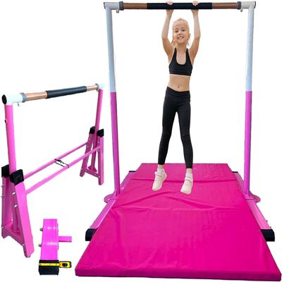 Iron Bar Gymnastics Bar for Kids with 6x4 Tumble Mat Horizontal Kip Bar Folding, Adjustable Height 3 to 5 FT, Gymnastic Junior Training Bar, Heavy Duty Gymnasts Home Exercise Bar for Children, Pink