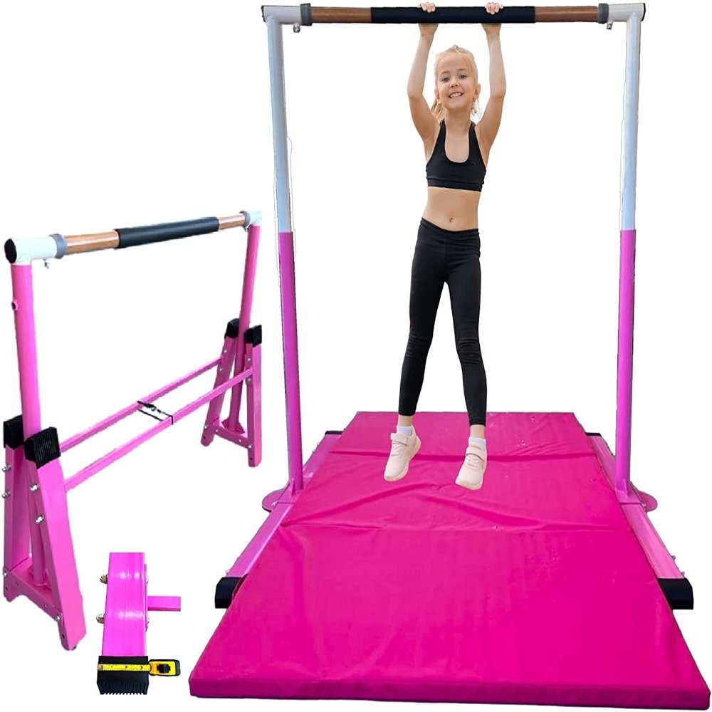 Iron Bar Gymnastics Bar for Kids with 6x4 Tumble Mat Horizontal Kip Bar Folding, Adjustable Height 3 to 5 FT, Gymnastic Junior Training Bar, Heavy Duty Gymnasts Home Exercise Bar for Children, Pink