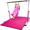 Iron Bar Gymnastics Bar for Kids with 6x4 Tumble Mat Horizontal Kip Bar Folding, Adjustable Height 3 to 5 FT, Gymnastic Junior Training Bar, Heavy Duty Gymnasts Home Exercise Bar for Children, Pink view 2
