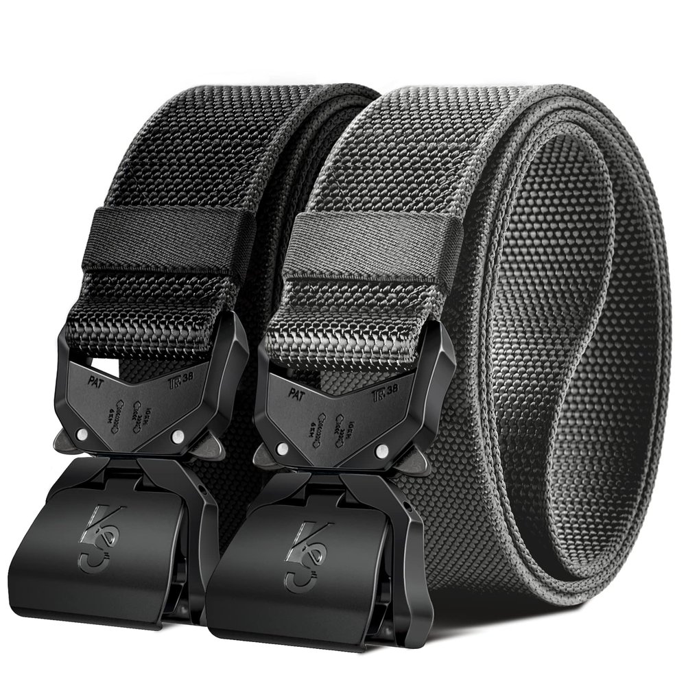 KEMISANT Mens Tactical Belt 2Pack, Military Rigger Work Belt for Heavy Duty 1.5" Nylon Web Easy Replacing Design(Black/Light Gray,30"-34" Waist Adjustable)