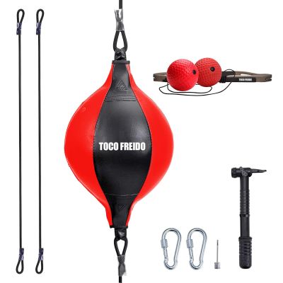 Double End Punching Bag Kit | PU Leather Punching Ball Set with Adjustable Cords, Pump, Double End Bag Boxing Equipment for Home and Gym - Leather Boxing Ball Kit, Boxing Equipment, Floor to Ceiling