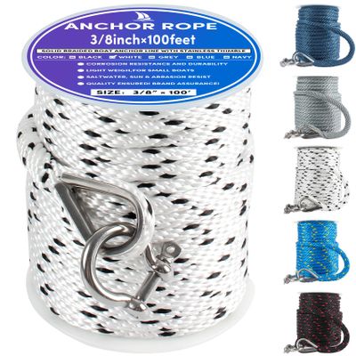 Premium Anchor Rope 100 ft x 3/8 inch, Solid Braid MFP Boat Anchor Rope with Thimble & Shackle - White/Black