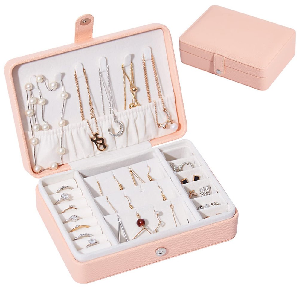 ArtsPavilion Small Jewelry Organizer Box, Travel Jewelry Case for Women Teen Girls, Portable Jewellery Storage Boxes Holder for Necklaces Rings Bracelets pink