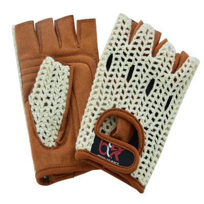 BTR BORN TO RACE Men's Chauffeur Half Finger Padded Gloves Bus Driving Motorbike Cycling Gym Training Wheelchair Gloves Cotton Crochet Back (White/Brown, M)