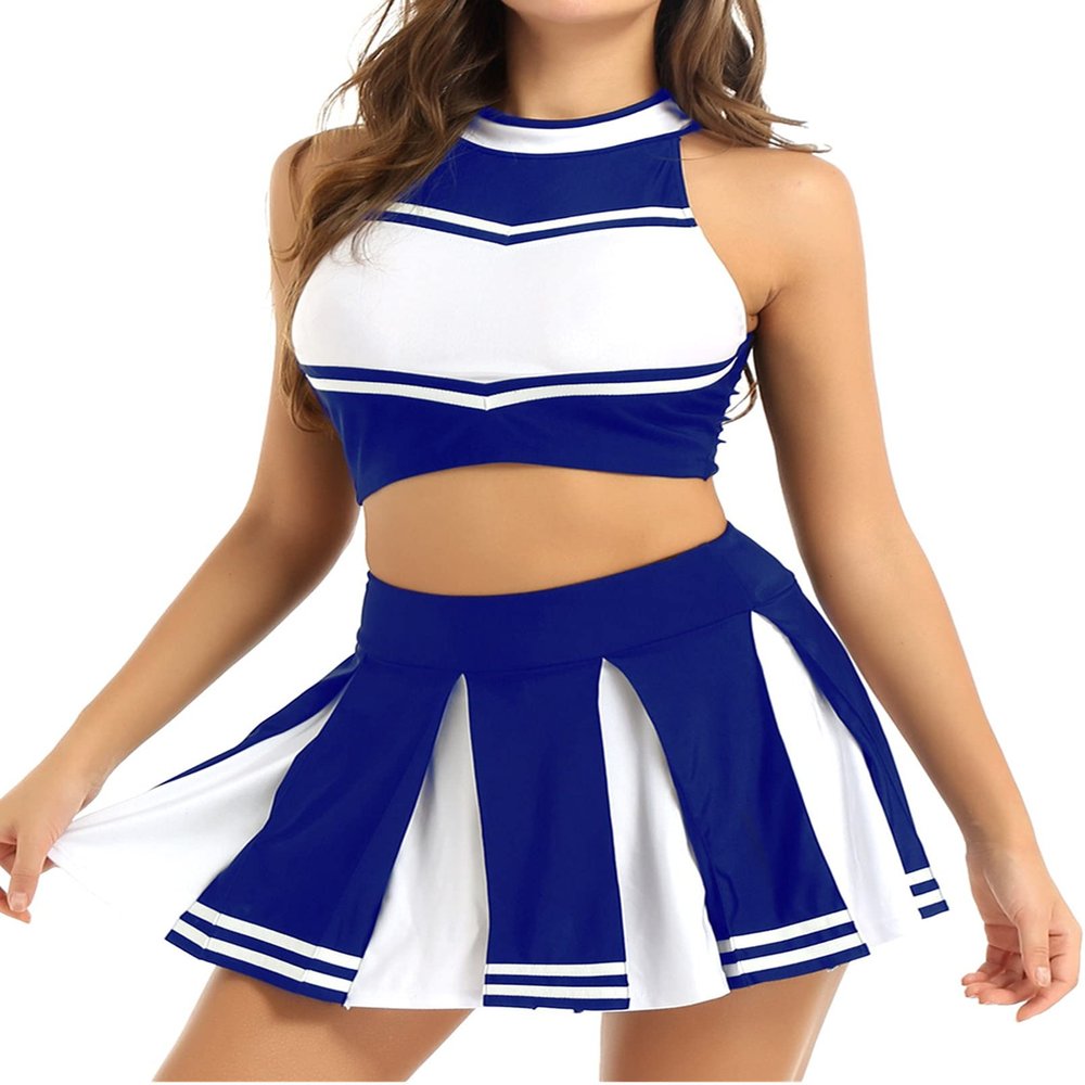 iiniim Women's Schoolgirls Cheer Leader Costume Fancy Dress Cheerleading Outfits Top with Pleated Mini Skirt Blue A Small