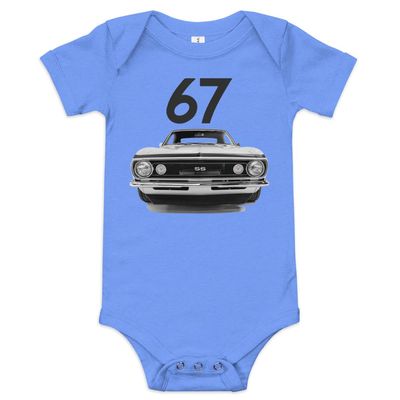 1967 Camaro SS Super Sport Front Grille American Muscle car Owner Hot Rod Drag Racing Cars Baby Onesie Short Sleeve one Piece Heather Columbia Blue
