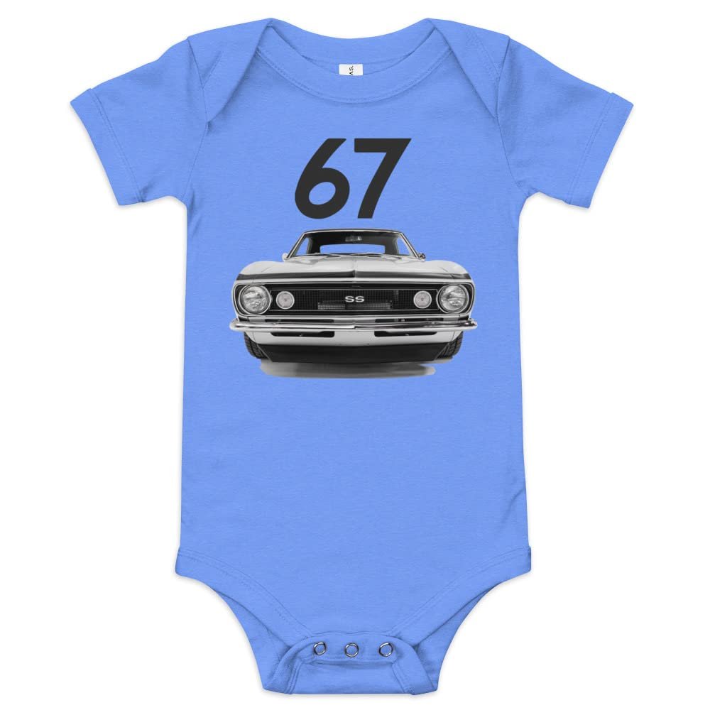 1967 Camaro SS Super Sport Front Grille American Muscle car Owner Hot Rod Drag Racing Cars Baby Onesie Short Sleeve one Piece Heather Columbia Blue
