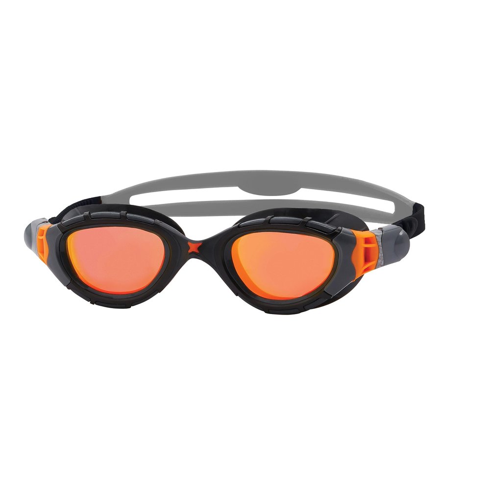 Zoggs Unisex Adults Predator Flex Titanium Swimming Goggles | Anti-Fog UV Protection No-Glare Curved Lenses & 3D Flexpoint, Gray/Black - Mirrored Orange Lenses, Regular