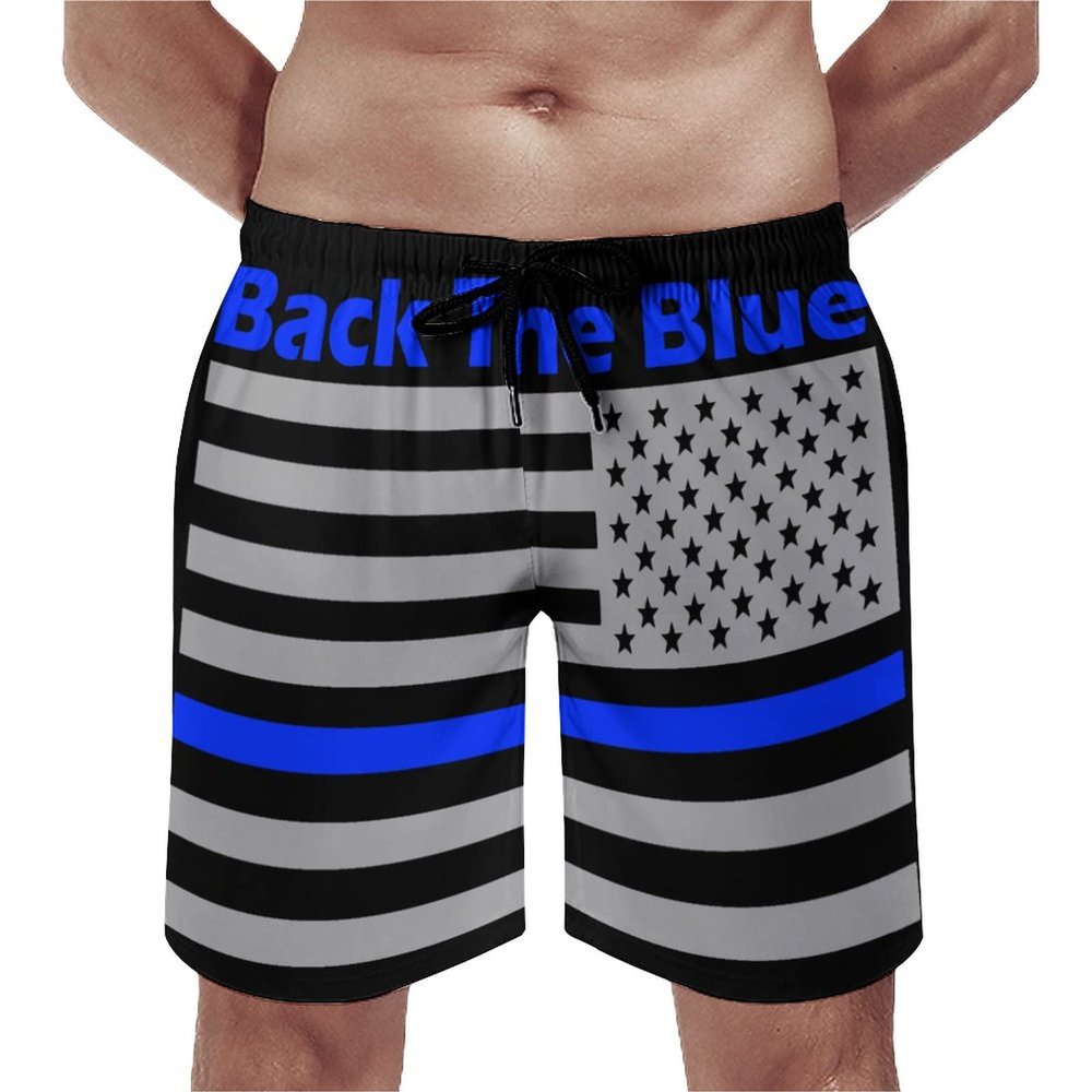 Back The Blue Police Line US Flag Men's Beach Shorts Quick Dry Swim Shorts Casual Swim Trunks Sports Shorts with Pocket S