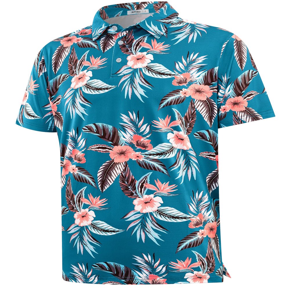APTRO Golf Shirts for Men, Moisture Wicking Hawaiian Polo Shirts Dry Fit with Print and Short Sleeve, P07 Blue Flower, Large