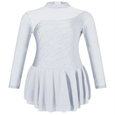 easyforever Girls Long Sleeve Glitter Rhinestone Figure Ice Skating Dance Dress Competition Roller Skater Costume White 16 Years