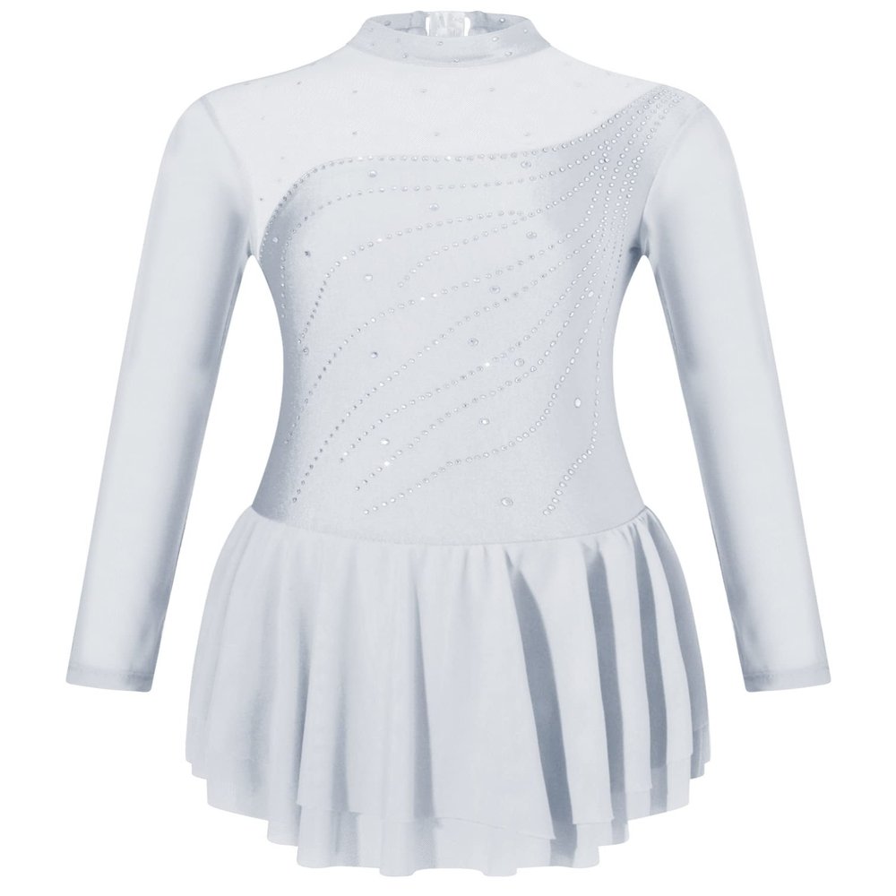 easyforever Girls Long Sleeve Glitter Rhinestone Figure Ice Skating Dance Dress Competition Roller Skater Costume White 16 Years