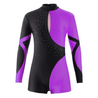FEESHOW Leotards for Girls Gymnastics Children Long Sleeve Zipper Back Biketard Unitard Jumpsuit with Shorts Violet_B 16 Years