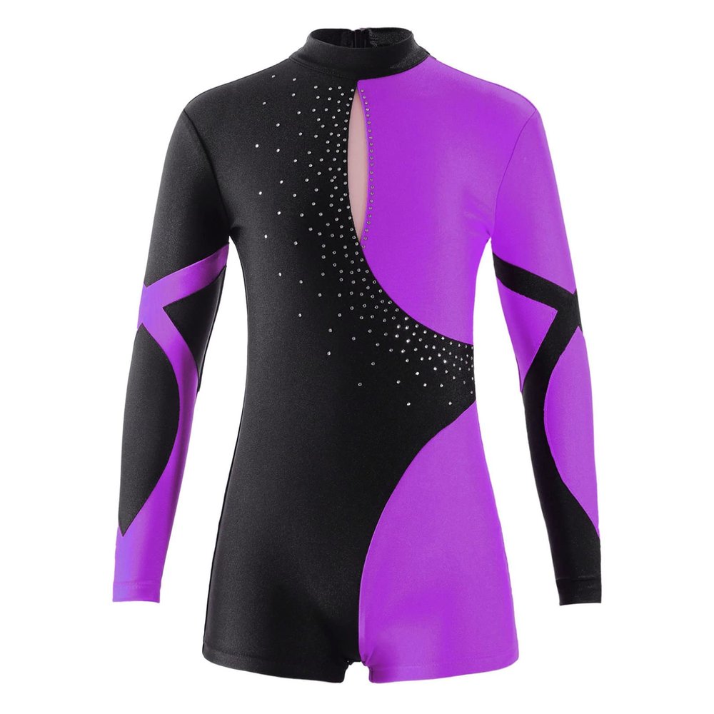 FEESHOW Leotards for Girls Gymnastics Children Long Sleeve Zipper Back Biketard Unitard Jumpsuit with Shorts Violet_B 16 Years