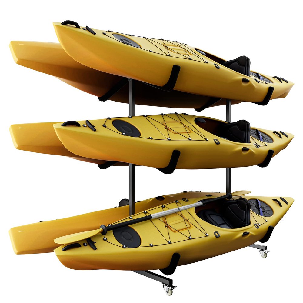 Bonnlo Indoor Outdoor Kayak Rack, Heavy-Duty Sturdy Storage Rack for 6 Kayak, Canoe, Paddle Board, SUP, Movable Kayak Stand for Garage with Locable Casters, Weight Capacity 529 Pounds