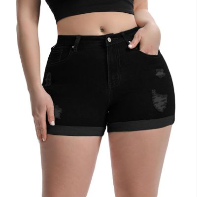 Romastory Women's High Waisted Elastic Jeans Shorts Folded Hem Hot Denim Shorts for Women (XX-Large, Frazzleblack)