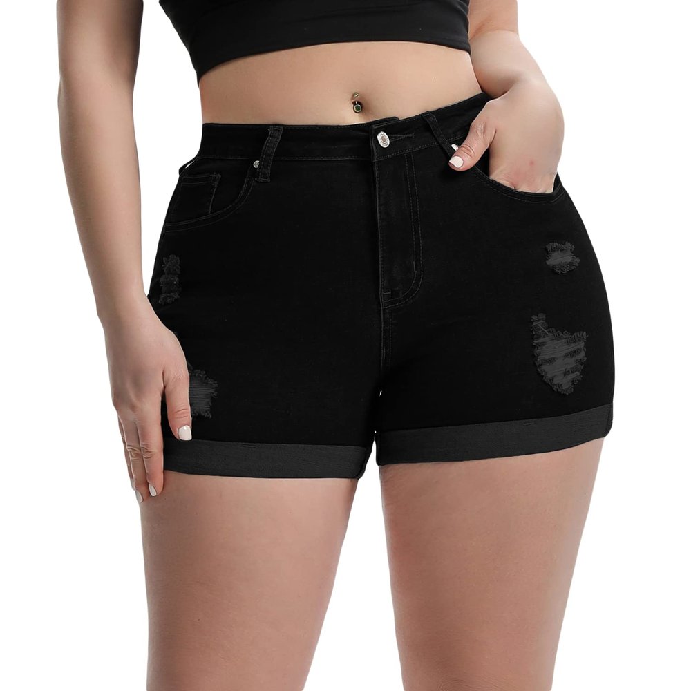 Romastory Women's High Waisted Elastic Jeans Shorts Folded Hem Hot Denim Shorts for Women (XX-Large, Frazzleblack)