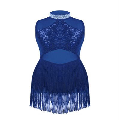easyforever Girls Mesh Splice Rhinestone Tassel Dress Samba Jazz Tap Modern Latin Salsa Ballroom Costume Dancewear Royal Blue 14 Years