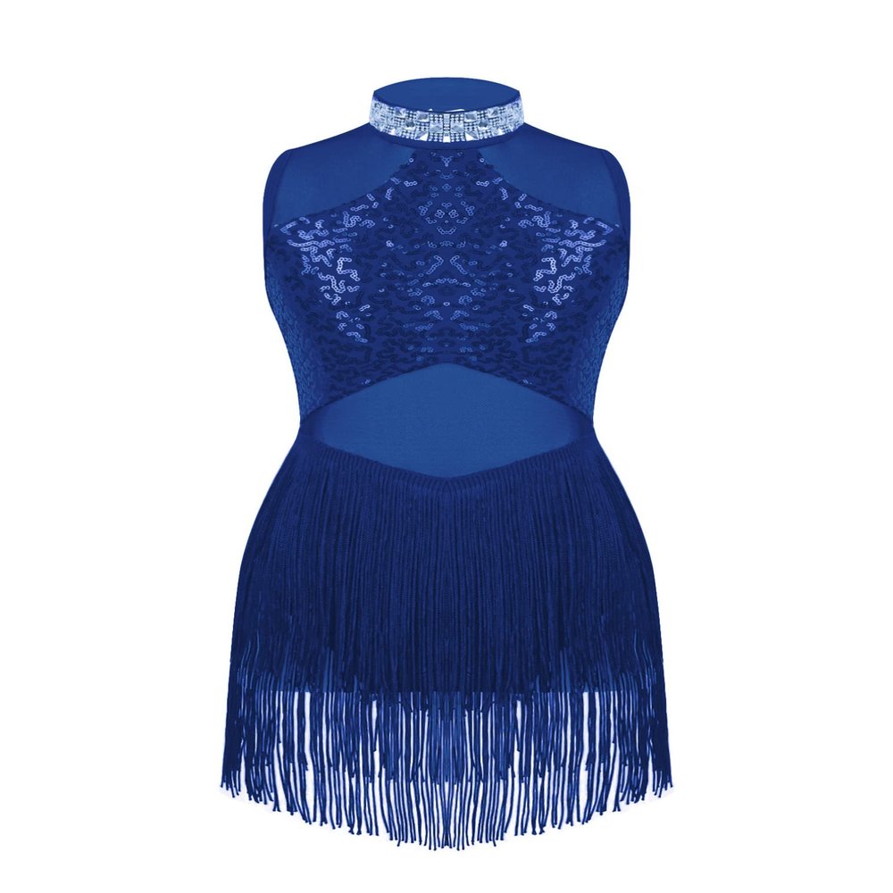 easyforever Girls Mesh Splice Rhinestone Tassel Dress Samba Jazz Tap Modern Latin Salsa Ballroom Costume Dancewear Royal Blue 14 Years