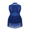 easyforever Girls Mesh Splice Rhinestone Tassel Dress Samba Jazz Tap Modern Latin Salsa Ballroom Costume Dancewear Royal Blue 14 Years view 1