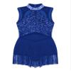 easyforever Girls Mesh Splice Rhinestone Tassel Dress Samba Jazz Tap Modern Latin Salsa Ballroom Costume Dancewear Royal Blue 14 Years view 3