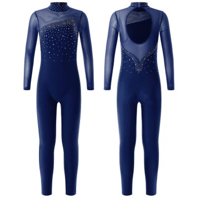 JEATHA Girls Dance Unitard Long Sleeve Skating Jumpsuit One Piece Bodysuit Stretchy Gymnastics Leotard Navy Blue B 16 Years