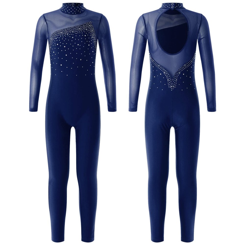 JEATHA Girls Dance Unitard Long Sleeve Skating Jumpsuit One Piece Bodysuit Stretchy Gymnastics Leotard Navy Blue B 16 Years