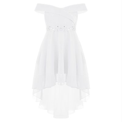 Hularka Kids Off Shoulder Flower Girl Wedding Bridesmaid Dress Chiffon Birthday Party Dress Formal Dance Ball Gown 01 White 8 Years