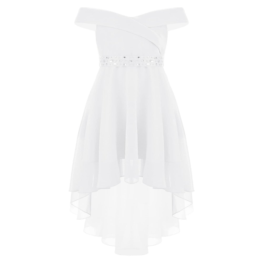 Hularka Kids Off Shoulder Flower Girl Wedding Bridesmaid Dress Chiffon Birthday Party Dress Formal Dance Ball Gown 01 White 8 Years