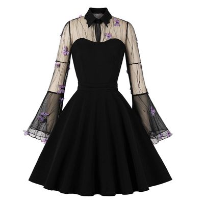 1950s Dresses for Women Keyhole Front Mesh Long Sleeve Dress Vintage Cocktail Swing Dress Pinup Dress 1960s Dresses for Women Rockabilly Prom Dress Flared Dress Wedding Black Bell Sleeve Dress c XL
