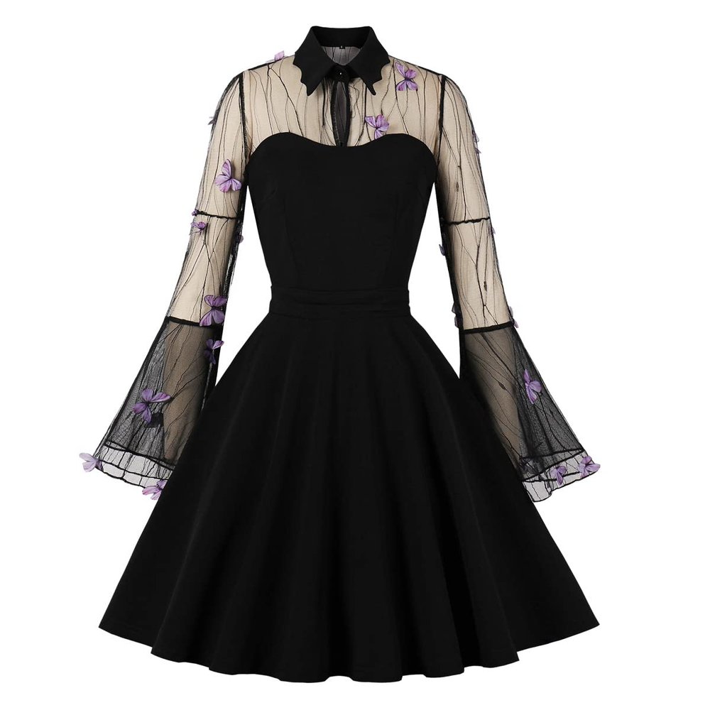 1950s Dresses for Women Keyhole Front Mesh Long Sleeve Dress Vintage Cocktail Swing Dress Pinup Dress 1960s Dresses for Women Rockabilly Prom Dress Flared Dress Wedding Black Bell Sleeve Dress c XL